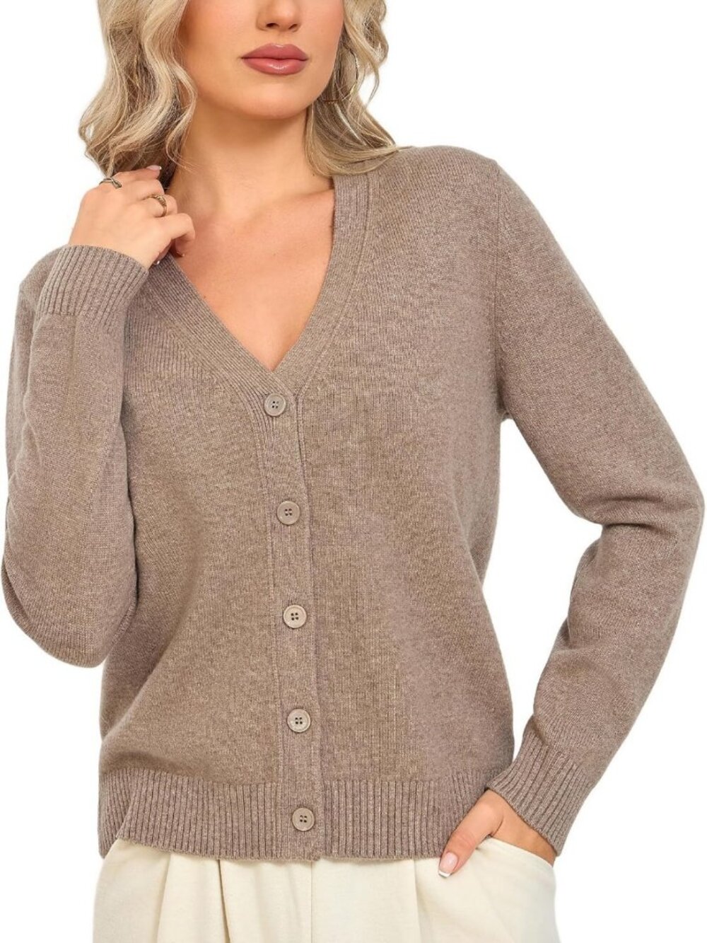 Cozy 100% Merino Wool V-Neck Cardigan Sweater for Women - Shell Button Design
